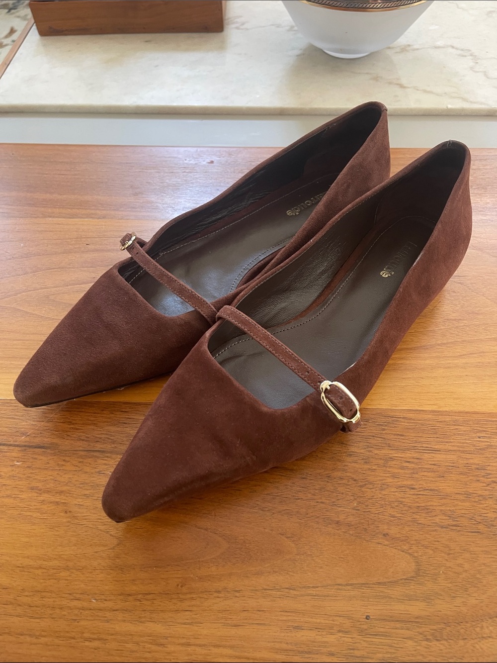 Larroude Pointed Mary Jane Flats in Deep Brown Suede sz8